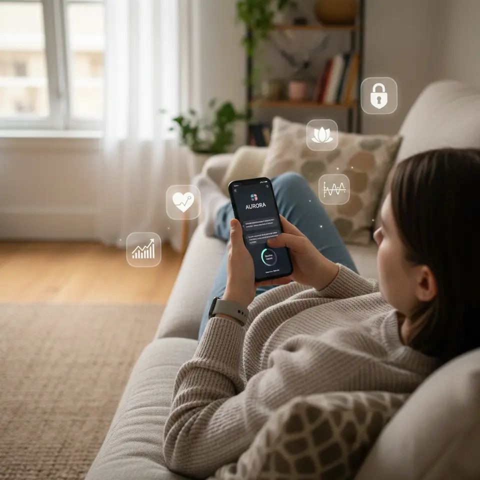A cozy home scene showing a young adult holding a smartphone and wearing a smartwatch, both displaying an AI mental-health chatbot interface. Floating around them are translucent icons for mood tracking, mindfulness exercises, sentiment analysis graphs and secure data locks—conveying real-time support, anonymity and wearable integration.