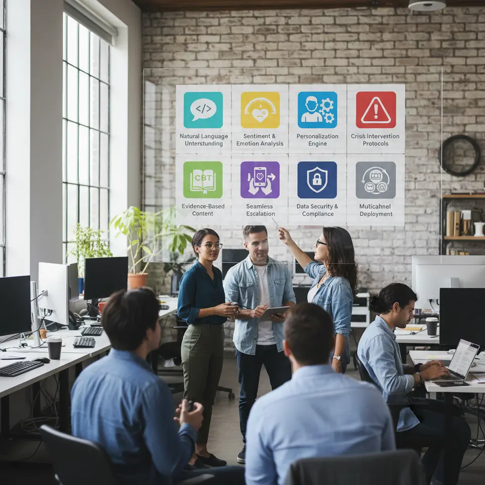 An infographic-style layout with eight distinct, colorful icons and labels: Natural Language Understanding (chat bubble with code brackets), Sentiment & Emotion Analysis (smiley/frown meter), Personalization Engine (user profile with gears), Crisis Intervention Protocols (alert triangle with lifeline), Evidence-Based Content (open book with CBT initials), Seamless Escalation (phone handoff arrow), Data Security & Compliance (shield with lock), Multichannel Deployment (web, mobile, voice assistant symbols).