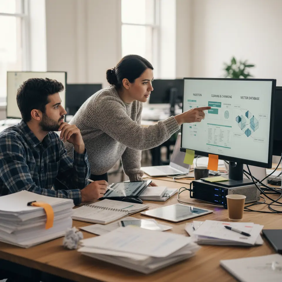Knowledge Base Construction: Illustrate the pipeline where diverse documents (PDFs, wikis, manuals) are ingested, cleaned, split into semantically coherent chunks, converted into vector embeddings using a sentence encoder, and stored in a vector database (with metadata tags like source and date).
