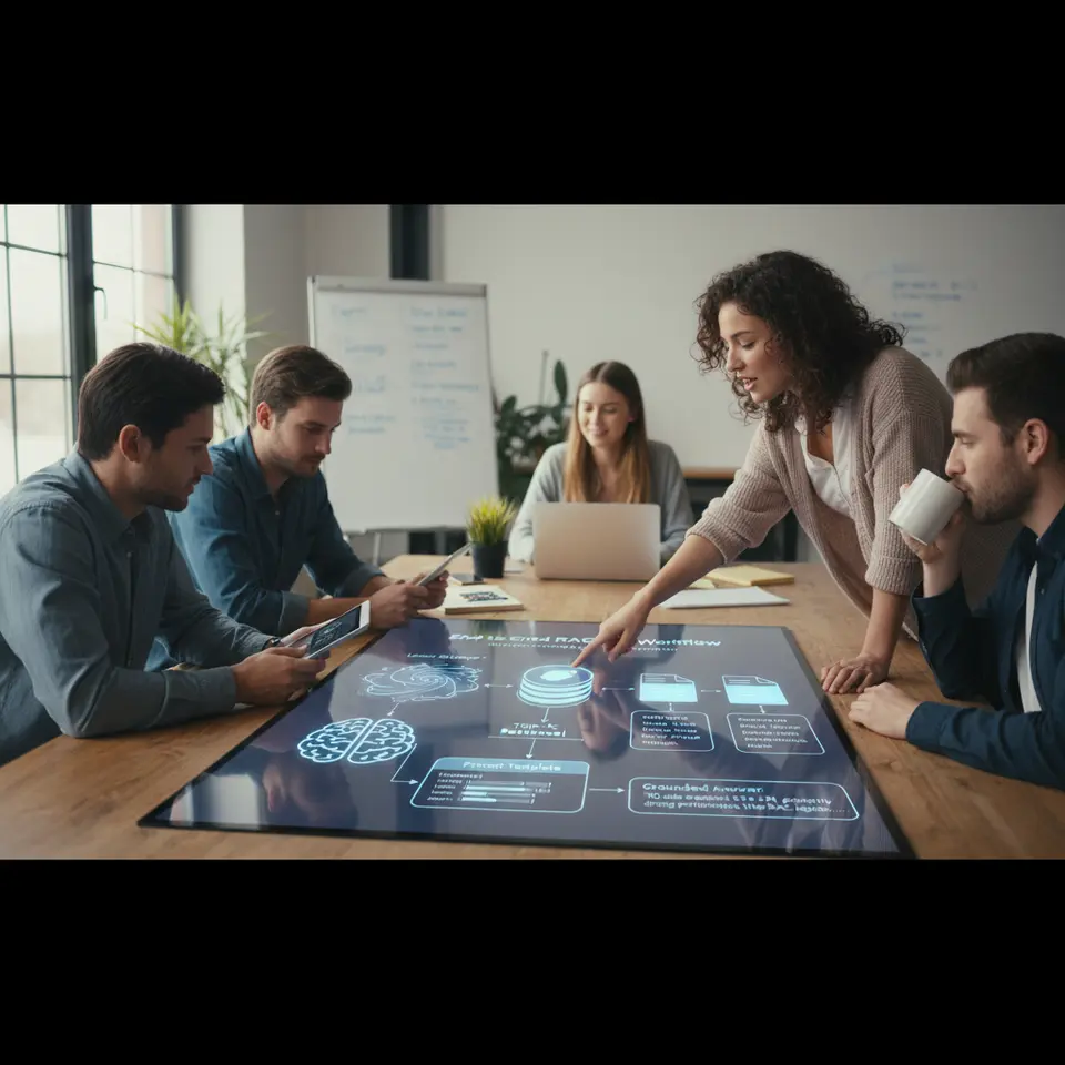 End-to-End RAG Chatbot Workflow: Depict the full RAG cycle—user submits a query, it’s transformed into an embedding, a semantic search retrieves top-k relevant document snippets from the vector store, those snippets are injected into a prompt template, and the LLM generates a grounded, context-aware answer.