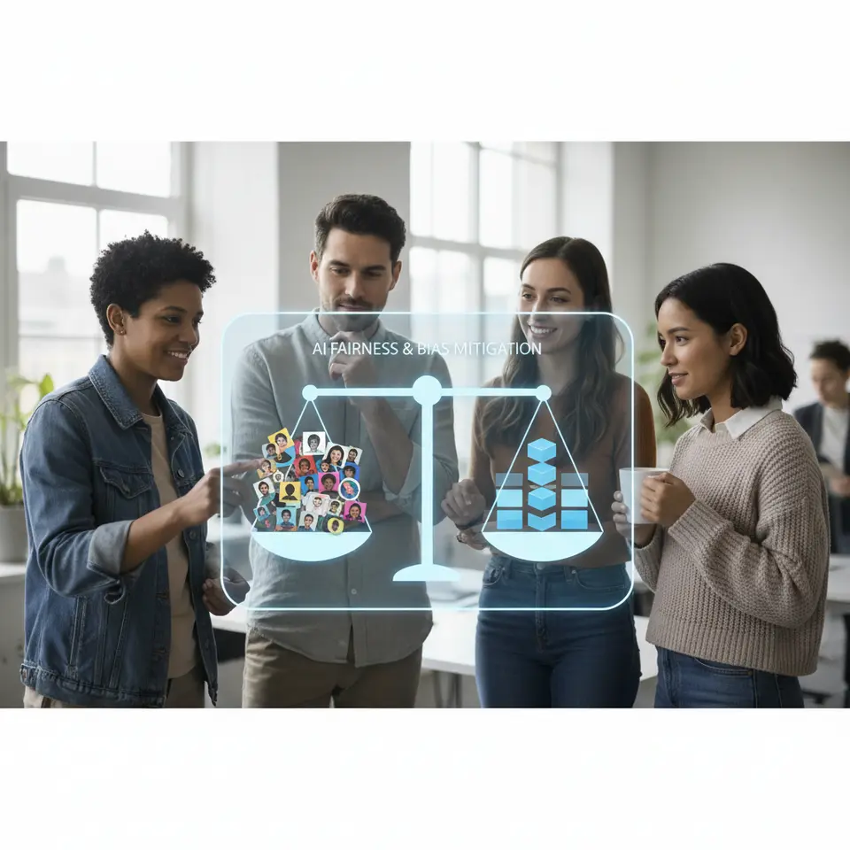 An illustration of a sleek chatbot interface balancing a pair of scales loaded with diverse user icons on one side and balanced data blocks on the other, symbolizing AI fairness and bias mitigation