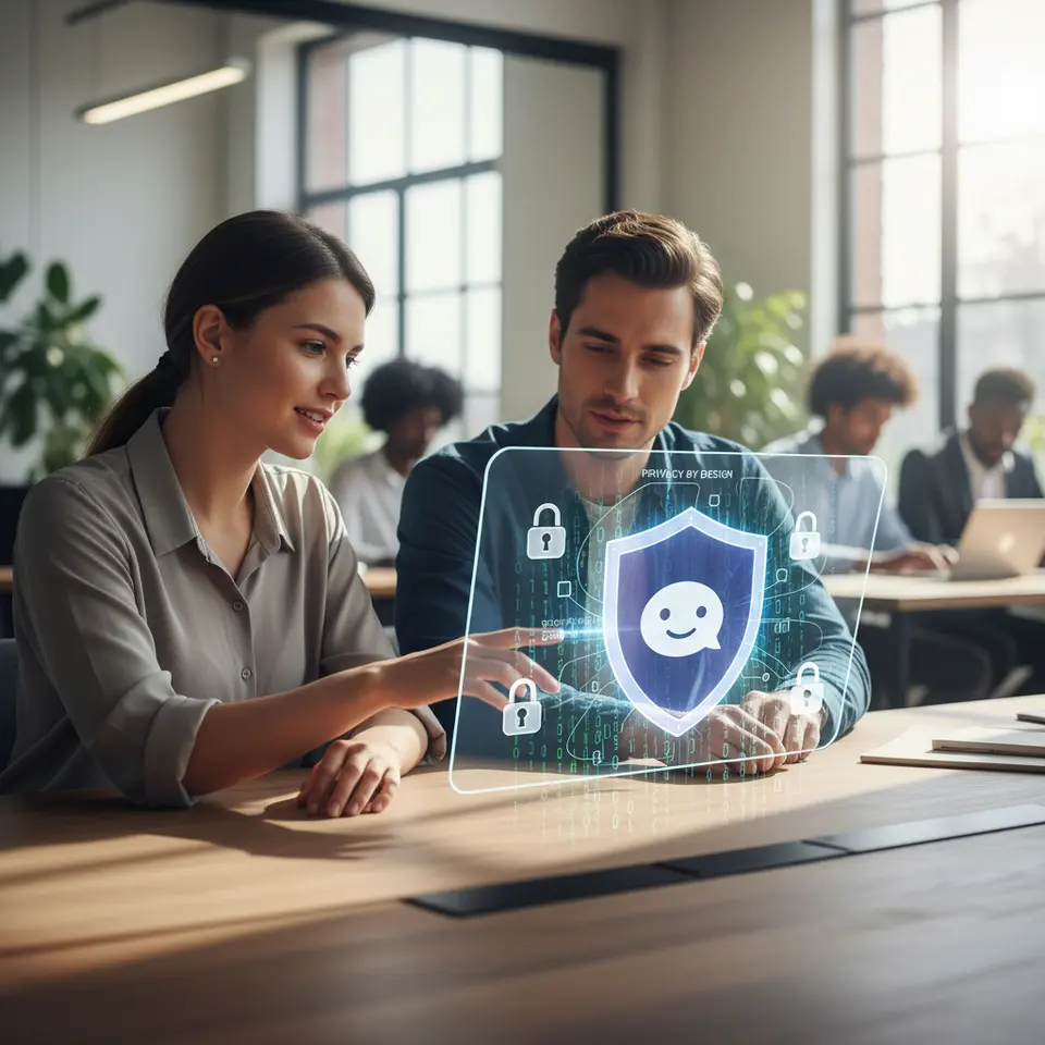 A graphic showing a chatbot enveloped by a glowing shield, surrounded by encrypted binary streams and padlock icons, visualizing privacy by design and data protection in conversational AI