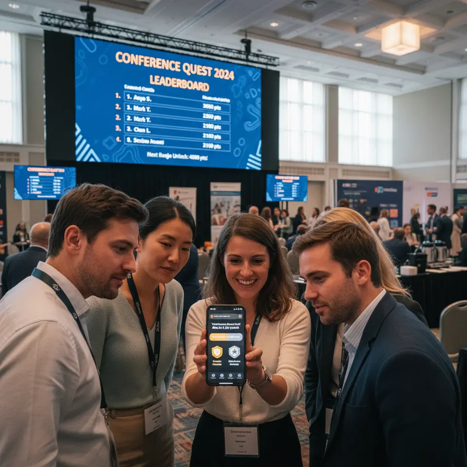 Gamification-driven engagement: an event chatbot presenting a venue-wide scavenger hunt on a smartphone screen, awarding digital badges and points for visiting sponsor booths and sessions, with a real-time leaderboard displayed on a large wall screen in the conference hall