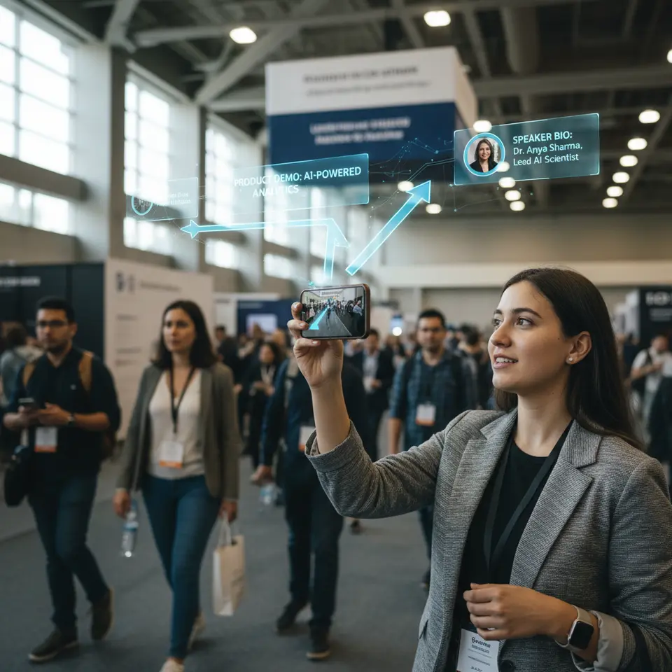 Augmented reality wayfinding and info overlay: an attendee holding up a smartphone camera to scan a badge or booth banner, triggering chatbot-driven AR overlays with directional arrows, interactive product demos, and floating speaker bios superimposed on the real-world environment