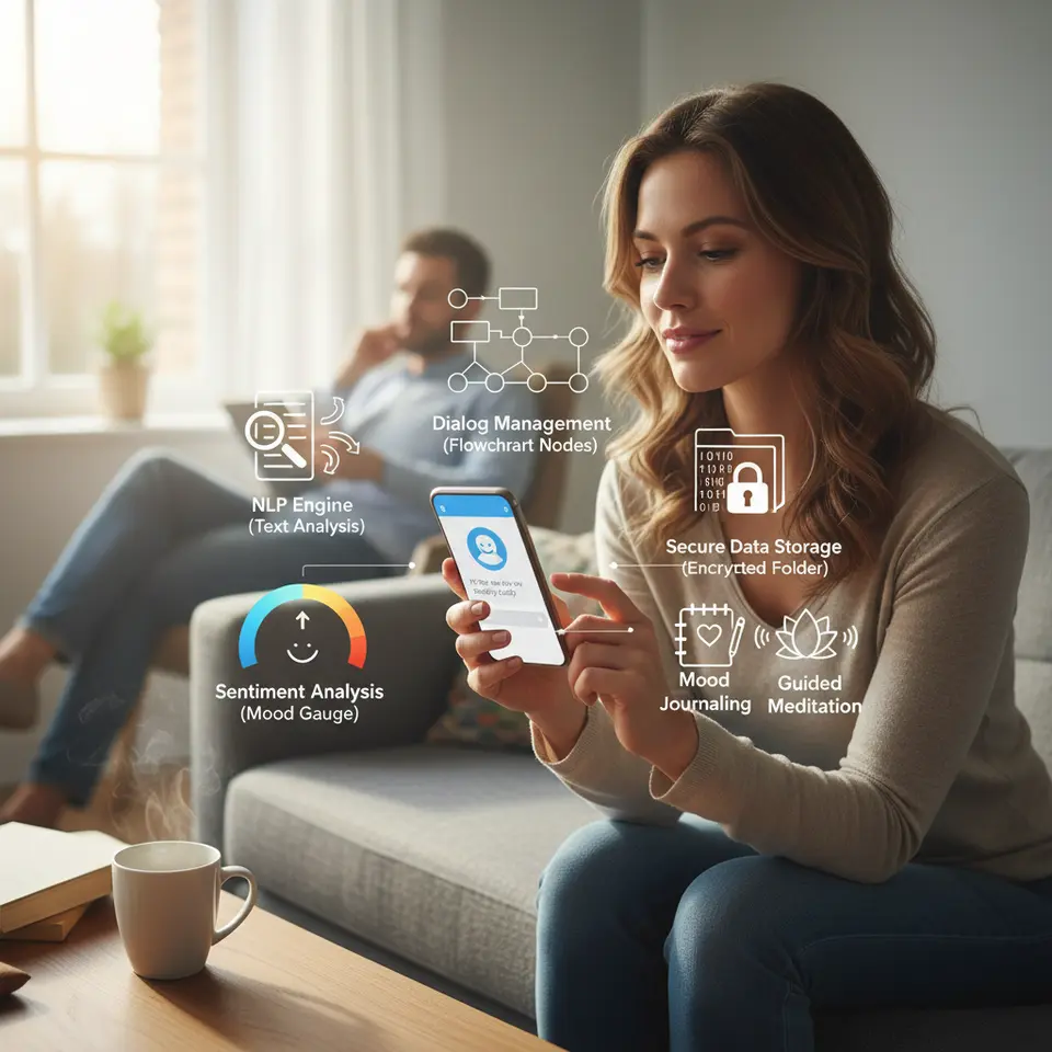 Diagram of a mental health chatbot’s core architecture: a smartphone screen showing a friendly chat interface, surrounded by icons representing NLP engine (text analysis), sentiment analysis (mood gauge), dialog management (flowchart nodes), secure data storage (encrypted folder), and interactive modules like mood journaling and guided meditation.