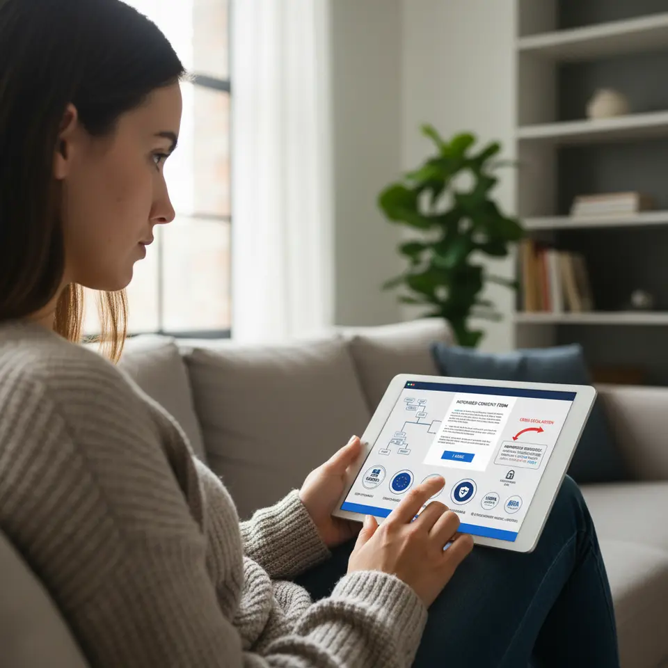 Visual flowchart of ethical and regulatory safeguards for mental health chatbots: a user reviewing an informed-consent form, GDPR/HIPAA compliance badges, an encrypted data lock, a crisis‐escalation arrow directing to emergency resources (e.g., lifeline hotline), and institutional logos (NIMH, APA) linked to ongoing oversight and transparent model updates.