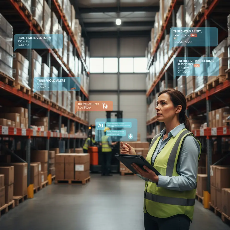 A busy warehouse scene with tall shelving racks and pallets, where a supply-chain manager holds a tablet displaying an AI chatbot interface. Floating digital overlays show real-time inventory counts, color-coded threshold alerts, and predictive restocking notifications hovering above specific SKUs.