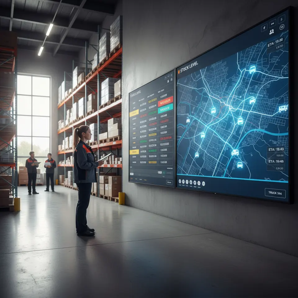 Illustration of real-time inventory and shipment tracking: warehouse supervisor viewing live stock levels with highlighted expiration dates on shelves, alongside a digital map overlay showing shipment routes, vehicle locations, and estimated arrival times
