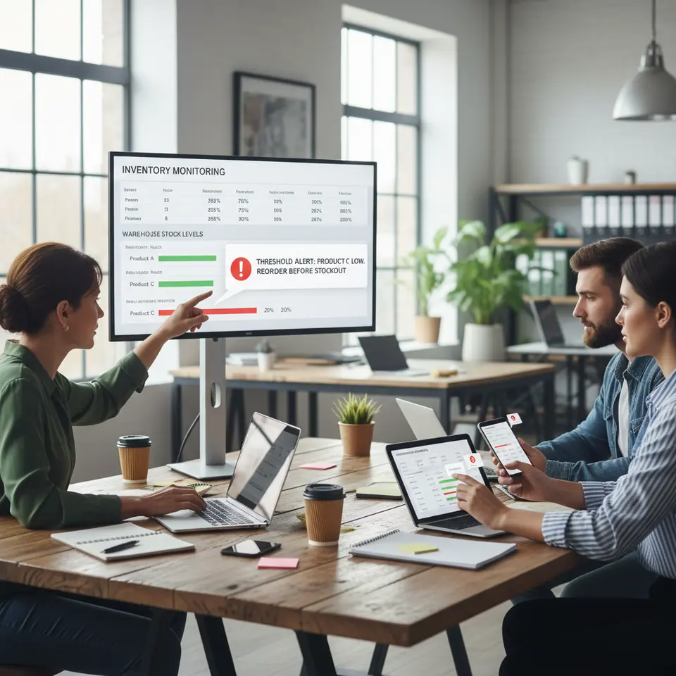 Inventory Monitoring and Threshold Alerts: a real-time logistics dashboard displaying warehouse stock levels against predefined safety thresholds, with pop-up notifications on desktop and mobile devices prompting a reorder before a stockout occurs