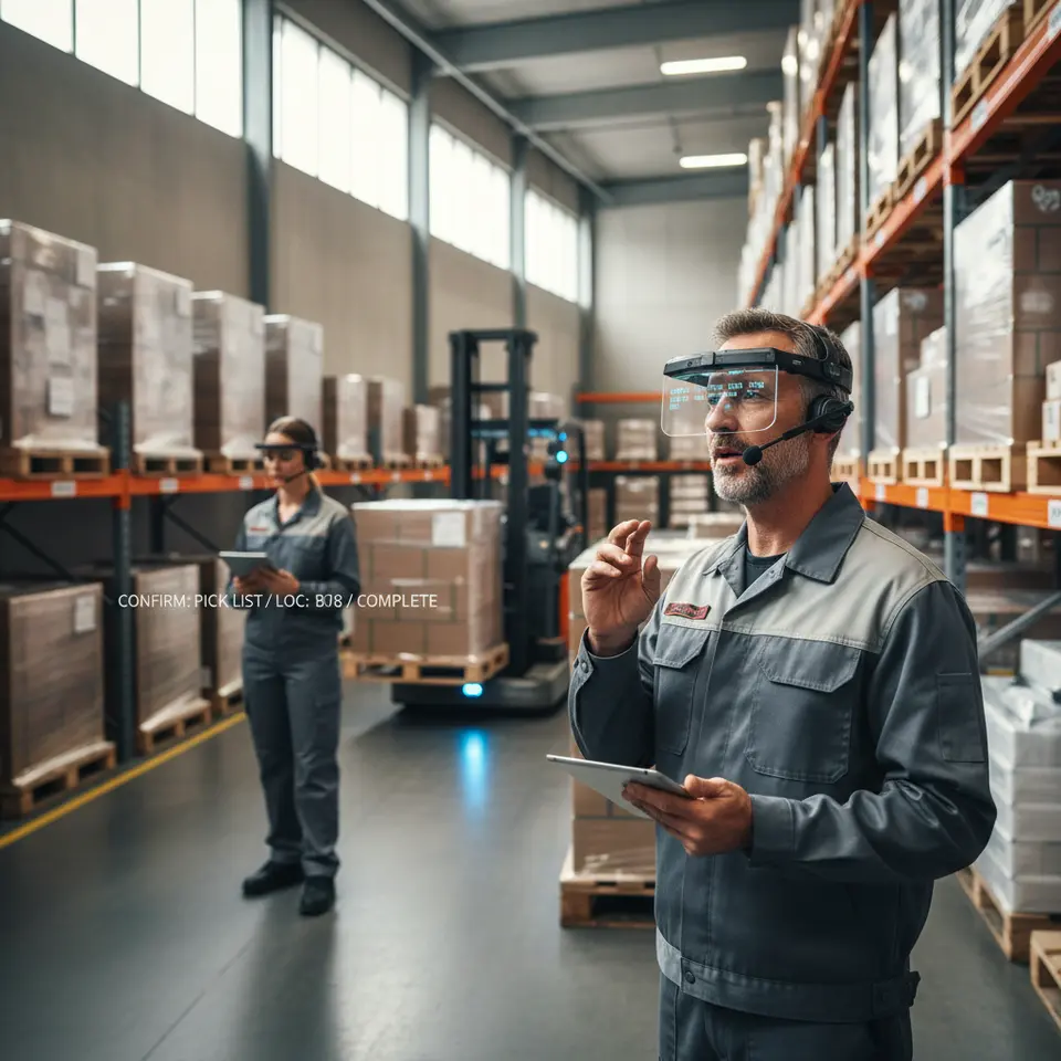 Voice-Enabled Interactions on the Warehouse Floor: a hands-free warehouse scene where an operator wearing a smart headset uses voice commands to query inventory, confirm picking lists, and log task completions amid rows of pallets and automated forklifts